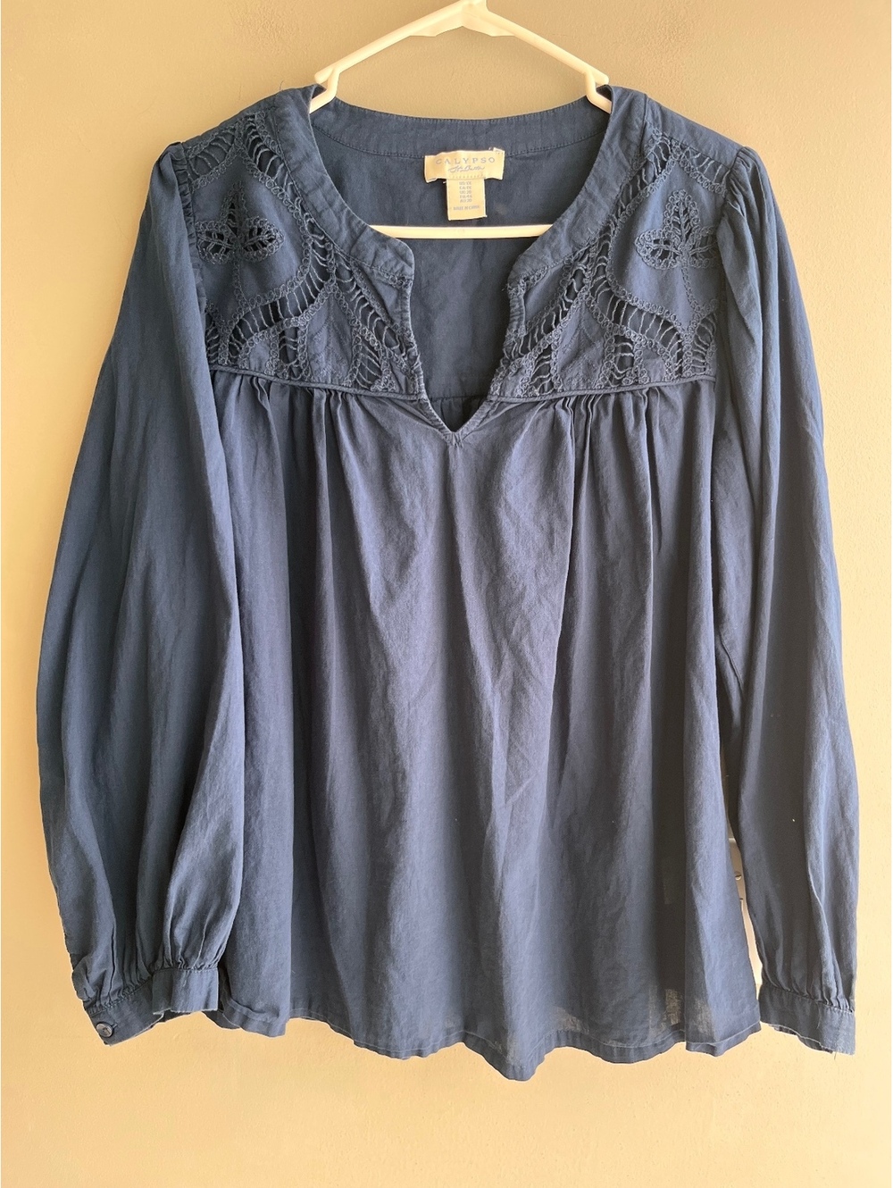 Calypso St. Barth Navy Blue Embroidered Cotton Peasant Blouse Size L